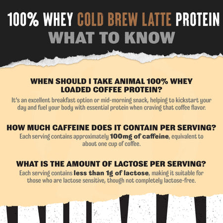 Informational text about 100% Whey Cold Brew Latte Protein
