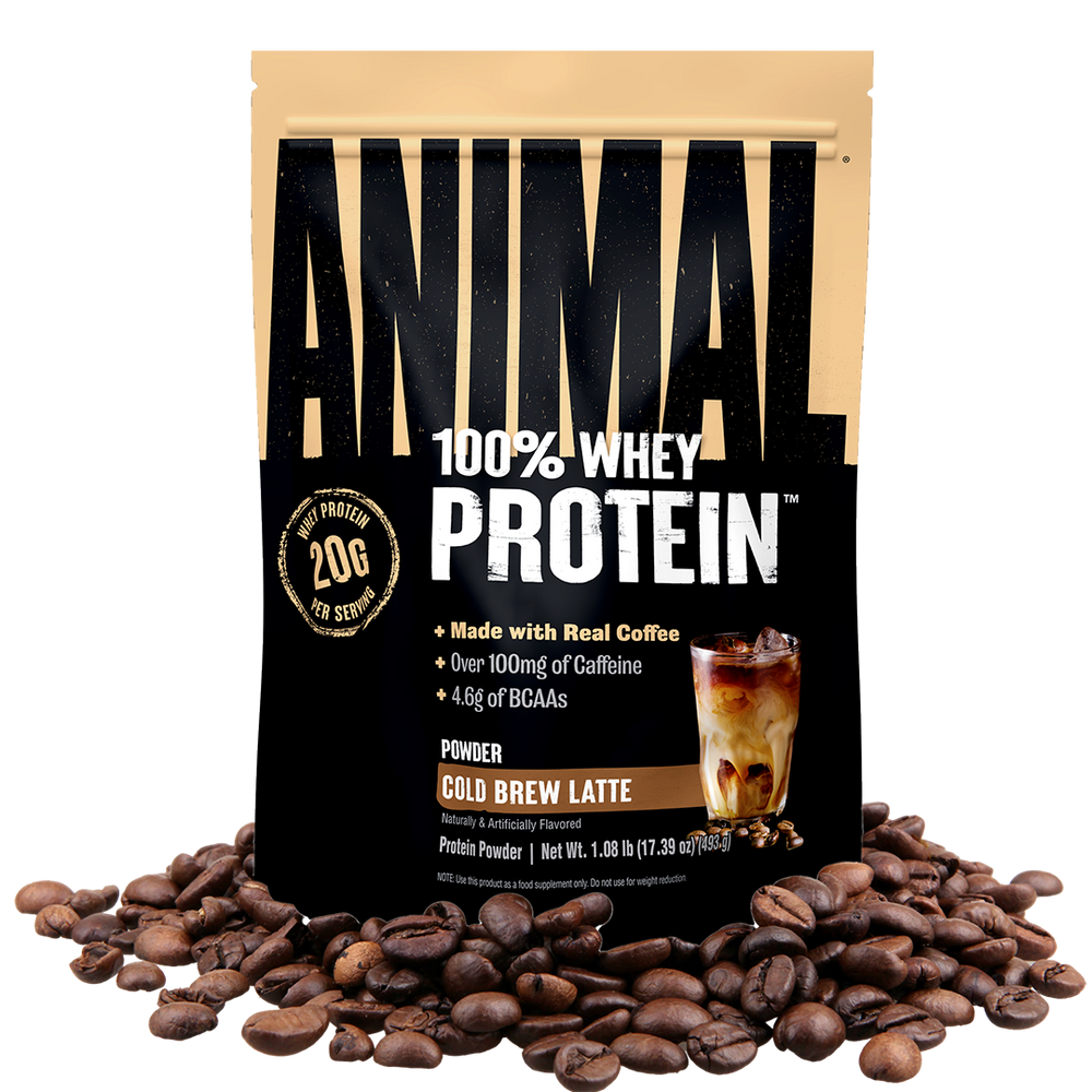 Bag of Animal 100% Whey Protein Powder with coffee beans on a transparent background
