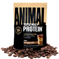 Bag of Animal 100% Whey Protein Powder with coffee beans on a transparent background