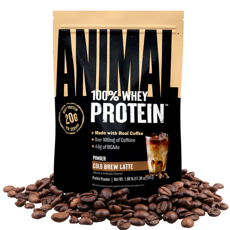 Bag of Animal 100% Whey Protein Powder with coffee beans on a transparent background