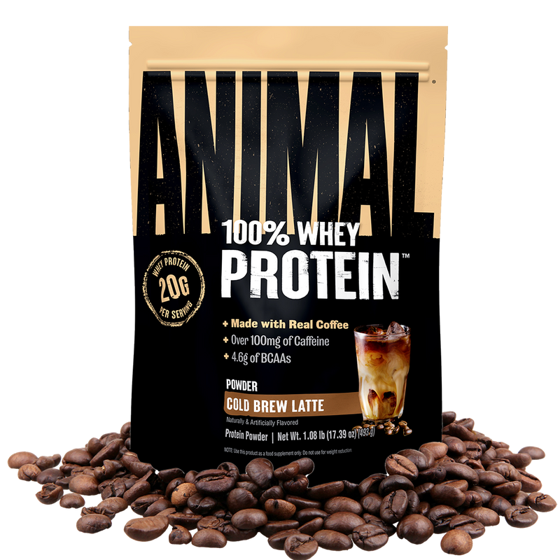 Bag of Animal 100% Whey Protein Powder with coffee beans on a transparent background