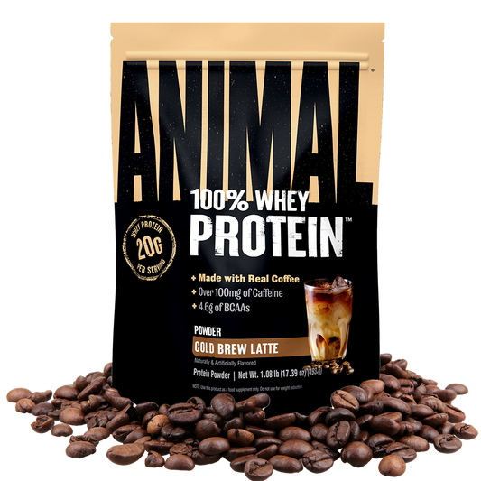 Bag of Animal 100% Whey Protein Powder with coffee beans on a transparent background