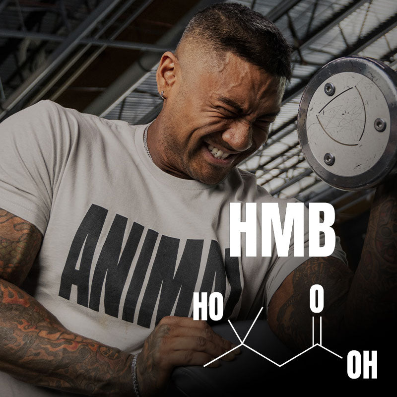 Man lifting weights with 'HMB' graphic overlay
