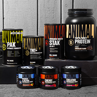 The full Variety of animal products are presented including animal pak, animal TNT+, Animal Stak, Animal 100% Whey protein, animal recovery and restore chews, animal energy performance chews, animal creatine performance chews. 