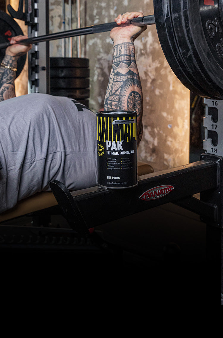 Animal Pak on a bench man working out behind
